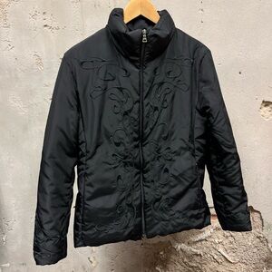 GUESS Vintage Black Down Feather Filled Damask Pattern Embroidered Puffer Coat L